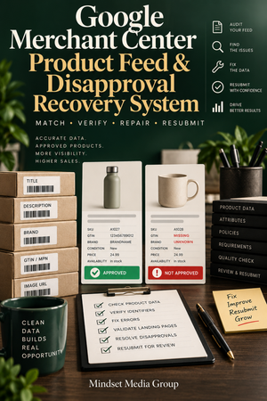 Google Merchant Center Product Feed & Disapproval Recovery System™ — approved 2:3 portrait cover by Mindset Media Group