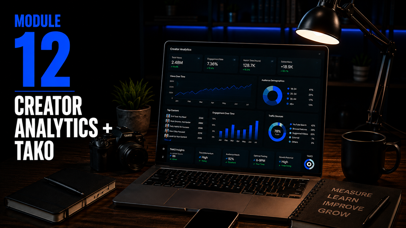 A laptop on a dark desk displaying a creator analytics dashboard, surrounded by a lamp, camera, notebook, and mug in a moody studio setup. Large text on the left reads 'MODULE 12 CREATOR ANALYTICS + TAKO'.