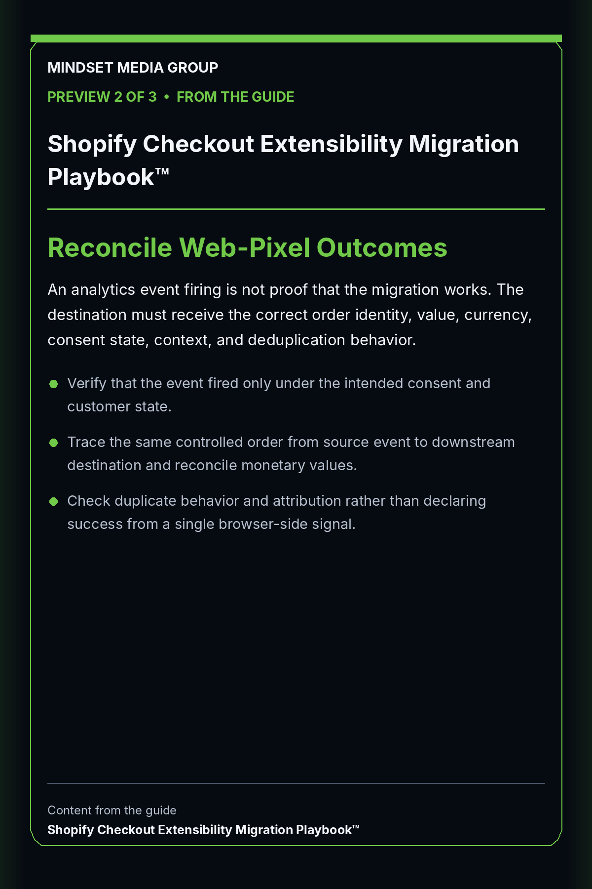 Shopify Checkout Extensibility Migration Playbook™ — Preview 02 of 3 — Reconcile Web-Pixel Outcomes