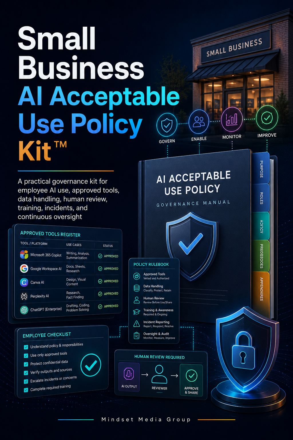 Small Business AI Acceptable Use Policy Kit™ digital guide cover by Mindset Media Group