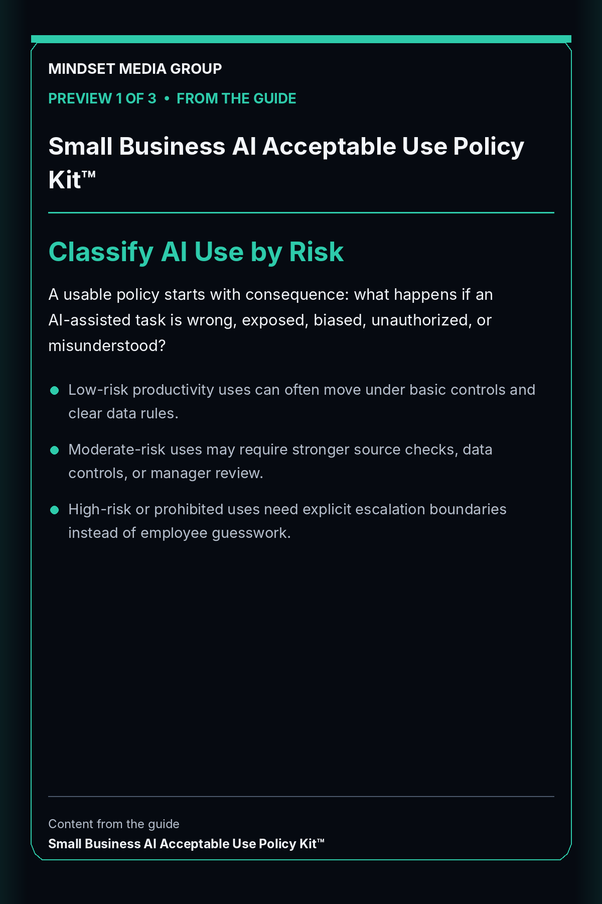 Small Business AI Acceptable Use Policy Kit™ — Preview 01 of 3 — Classify AI Use by Risk