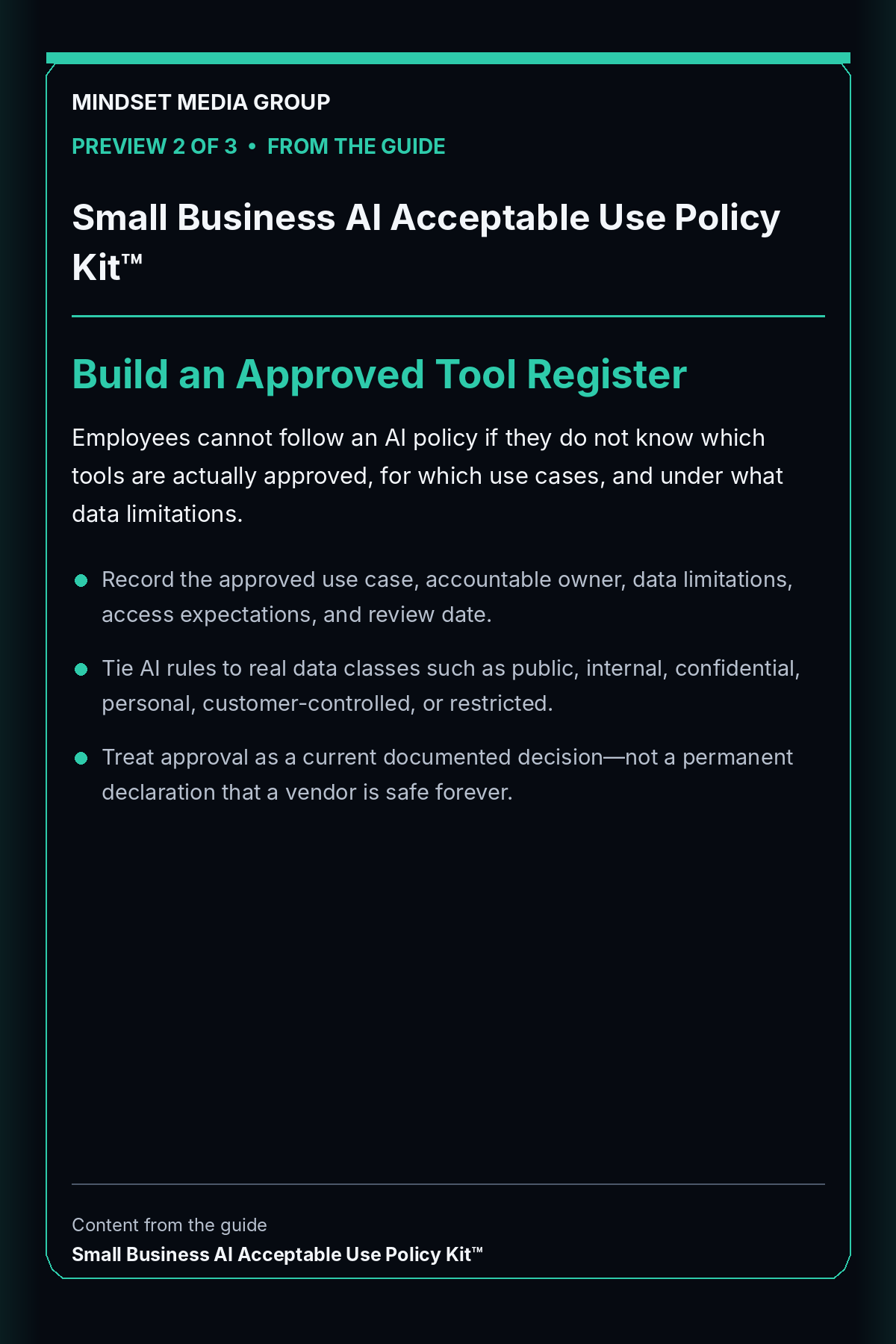 Small Business AI Acceptable Use Policy Kit™ — Preview 02 of 3 — Build an Approved Tool Register