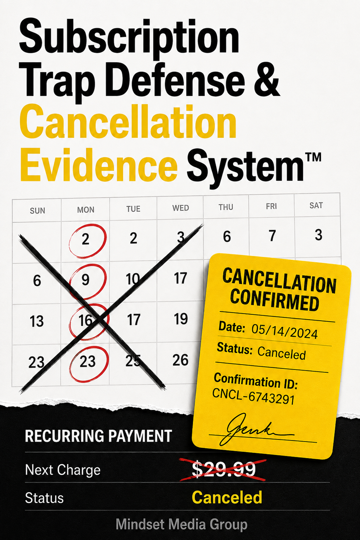 Subscription Trap Defense & Cancellation Evidence System™ — approved 2:3 portrait cover by Mindset Media Group