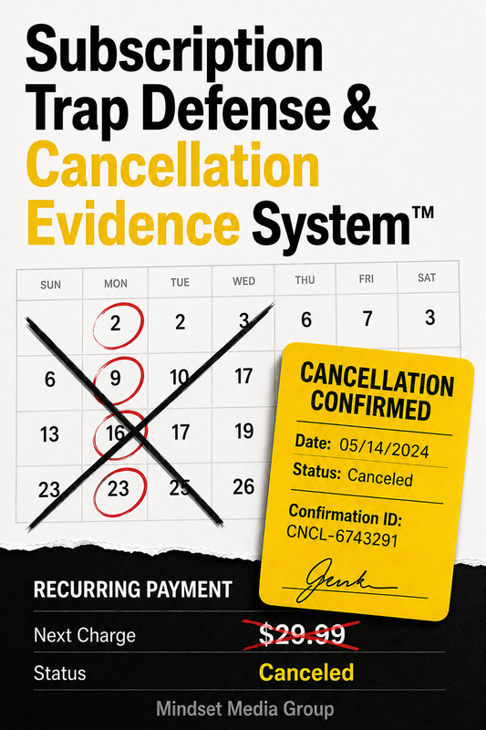 Subscription Trap Defense & Cancellation Evidence System™ — approved 2:3 portrait cover by Mindset Media Group