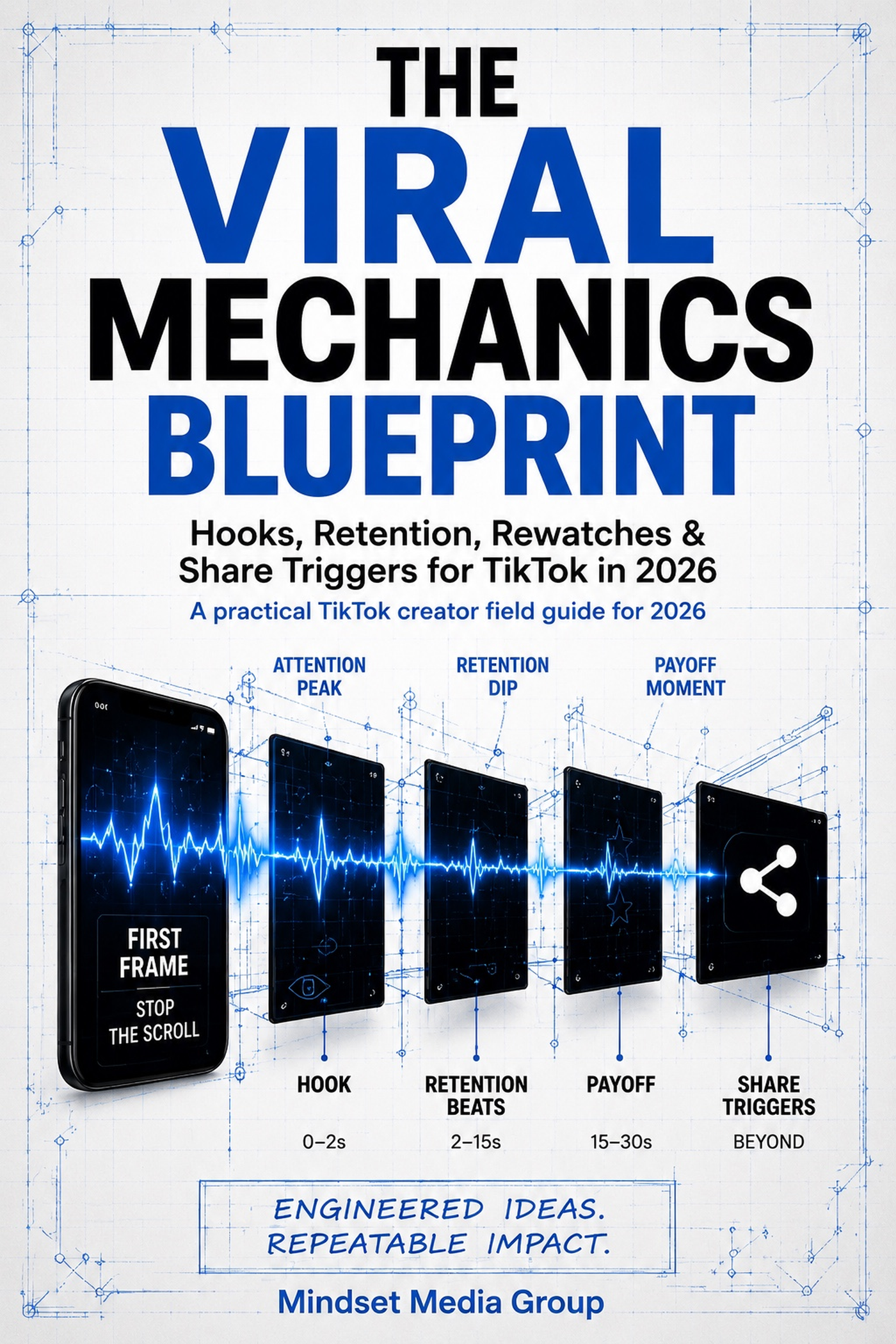 The Viral Mechanics Blueprint™ cover — TikTok hooks, retention, payoff and shareability field manual