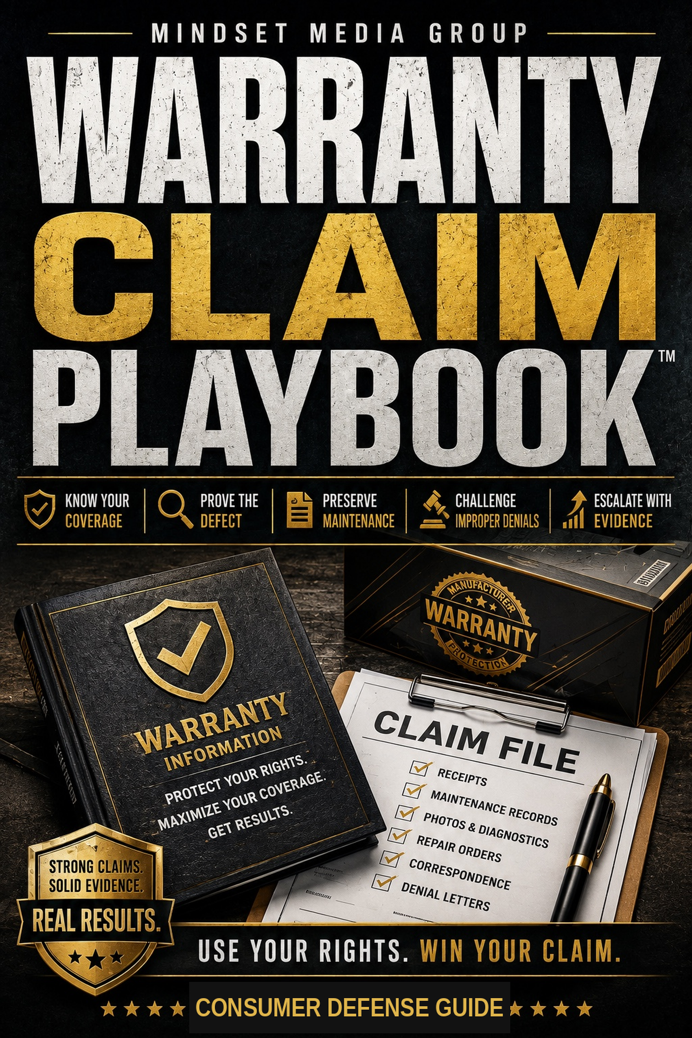 Warranty Claim Playbook™ cover — black, gold and white consumer defense guide with warranty booklet, claim-file checklist and evidence-based warranty claim system
