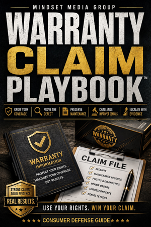 Warranty Claim Playbook™ cover — black, gold and white consumer defense guide with warranty booklet, claim-file checklist and evidence-based warranty claim system
