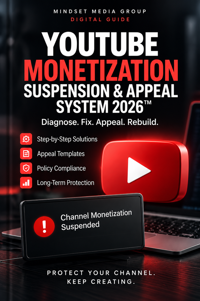 YouTube Monetization Suspension & Appeal System 2026™ — approved 2:3 portrait cover by Mindset Media Group