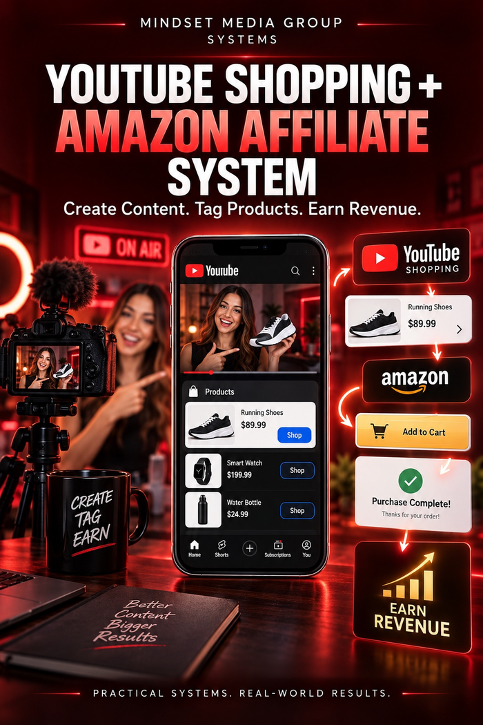 YouTube Shopping + Amazon Affiliate System™ — approved 2:3 portrait cover by Mindset Media Group