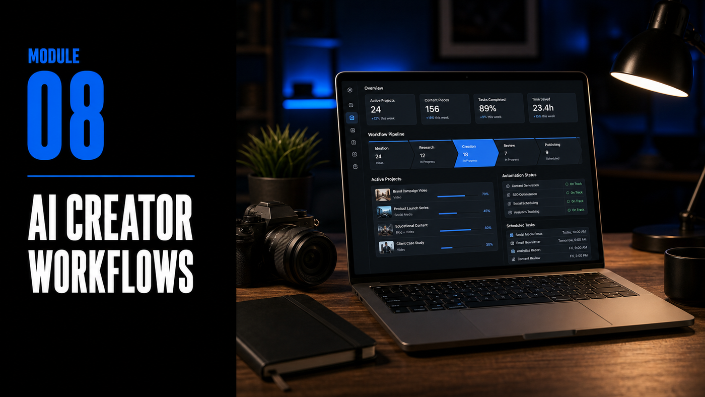 The Creator Come-Up™ Module 08 — AI Creator Workflows wide landing image by Mindset Media Group™