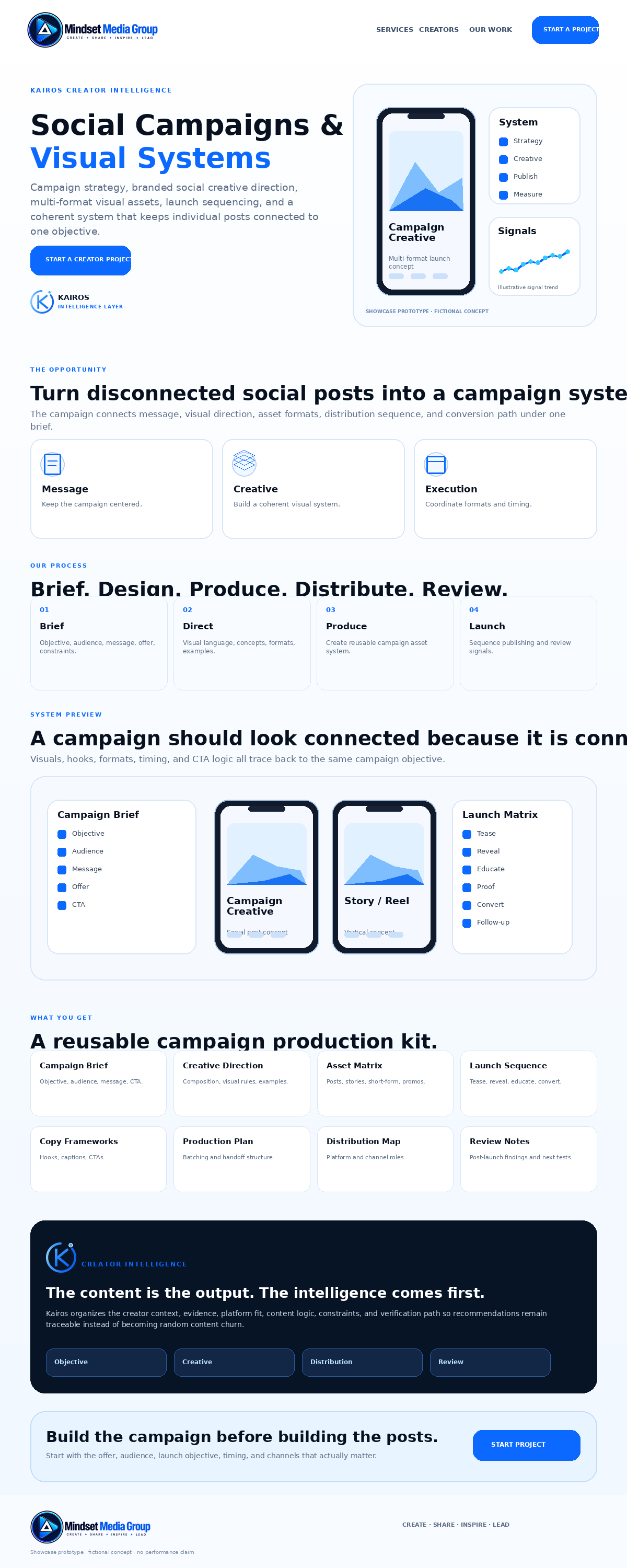 Full-page Social Campaigns & Visual Systems fictional concept render for the Mindset Media Group Creator Services showcase
