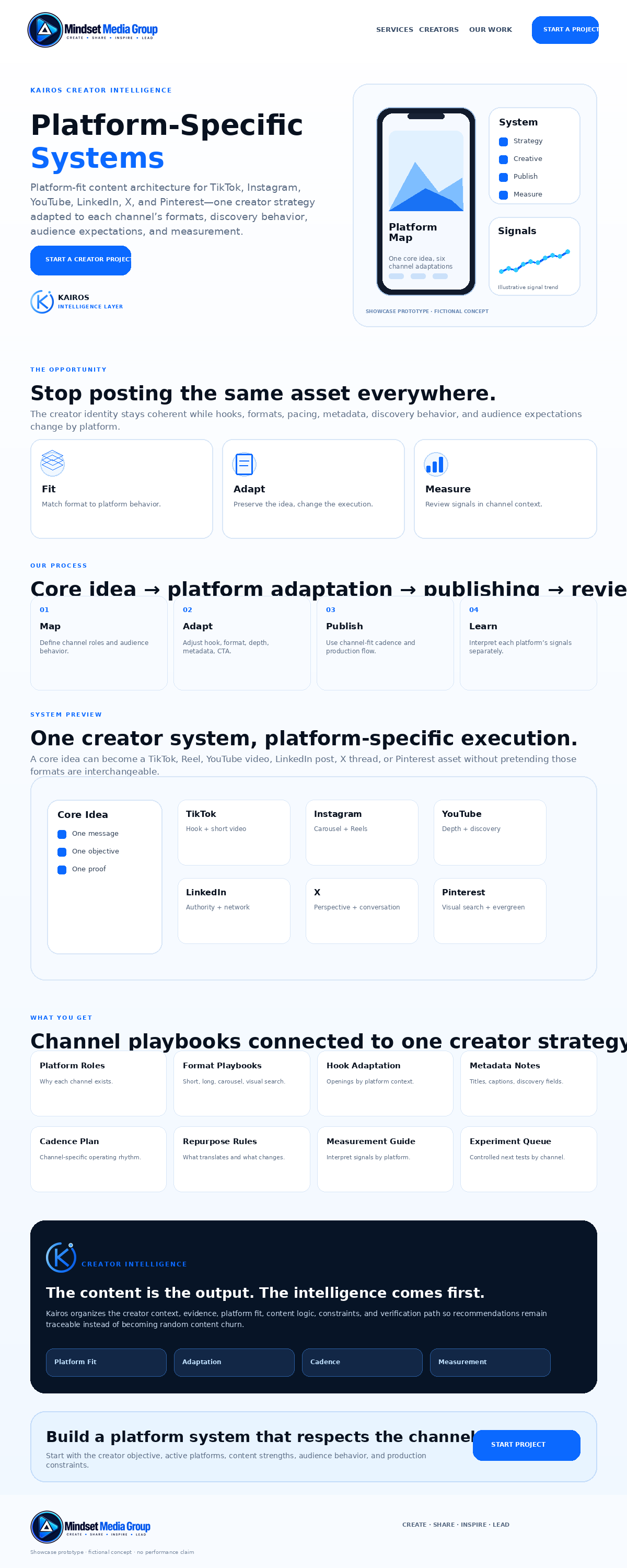 Full-page Platform-Specific Systems fictional concept render for the Mindset Media Group Creator Services showcase