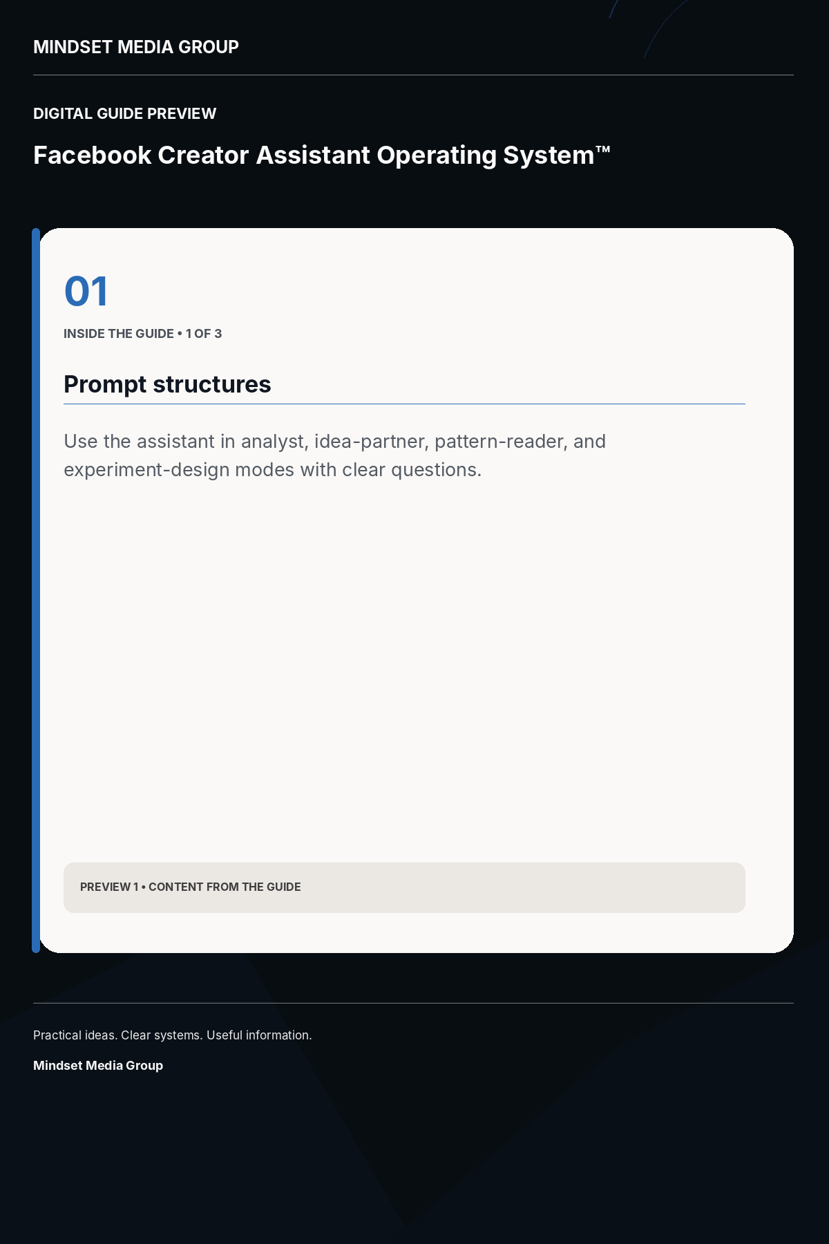 Facebook Creator Assistant Operating System™ — Preview 01 of 3 — content from the guide