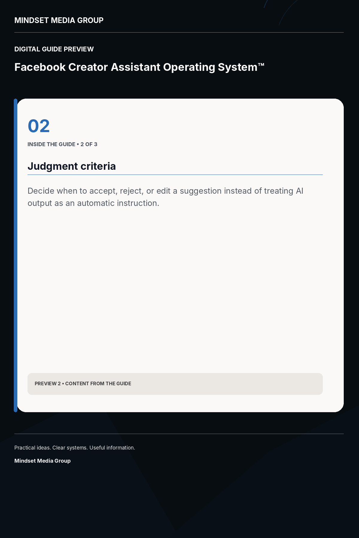 Facebook Creator Assistant Operating System™ — Preview 02 of 3 — content from the guide