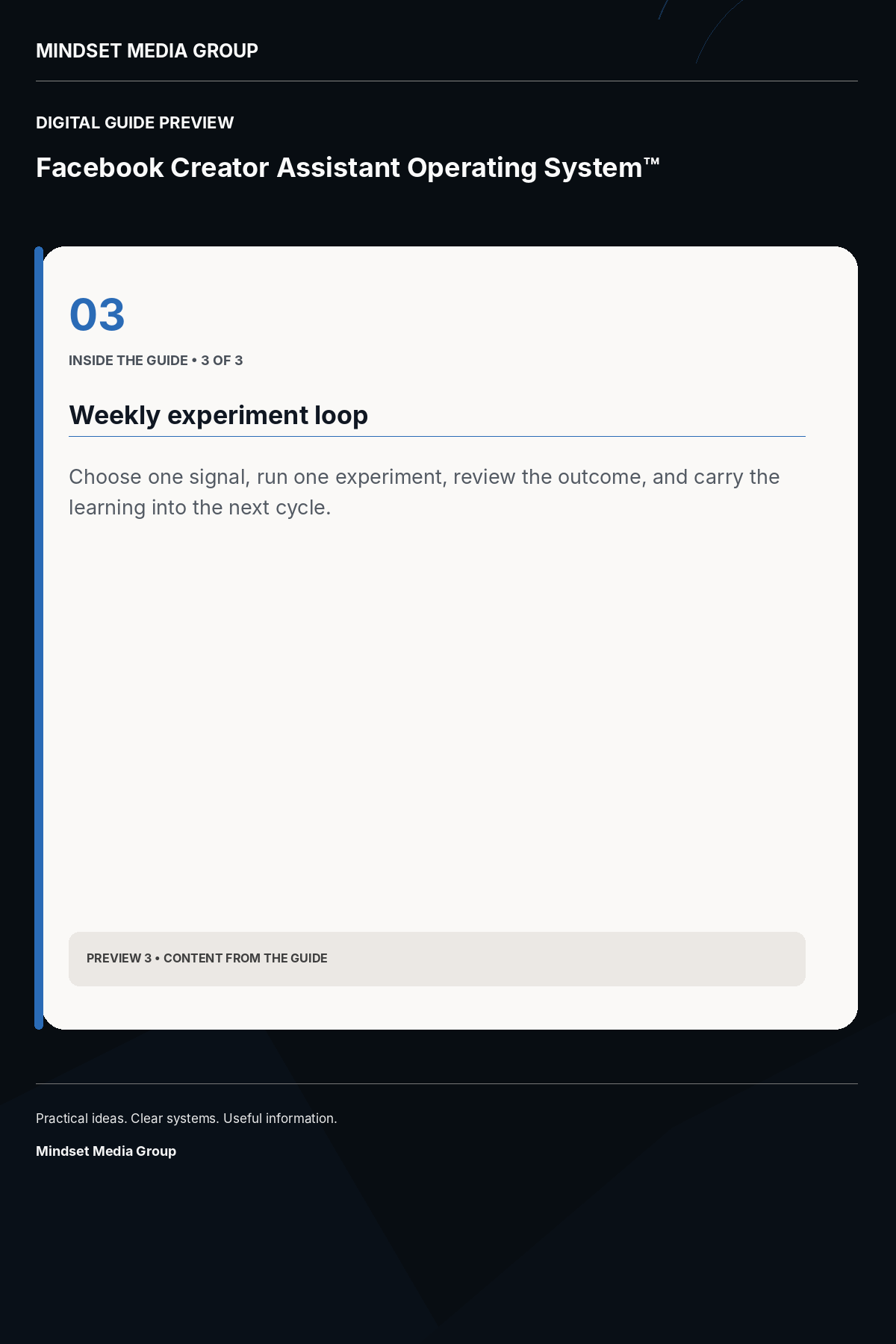 Facebook Creator Assistant Operating System™ — Preview 03 of 3 — content from the guide