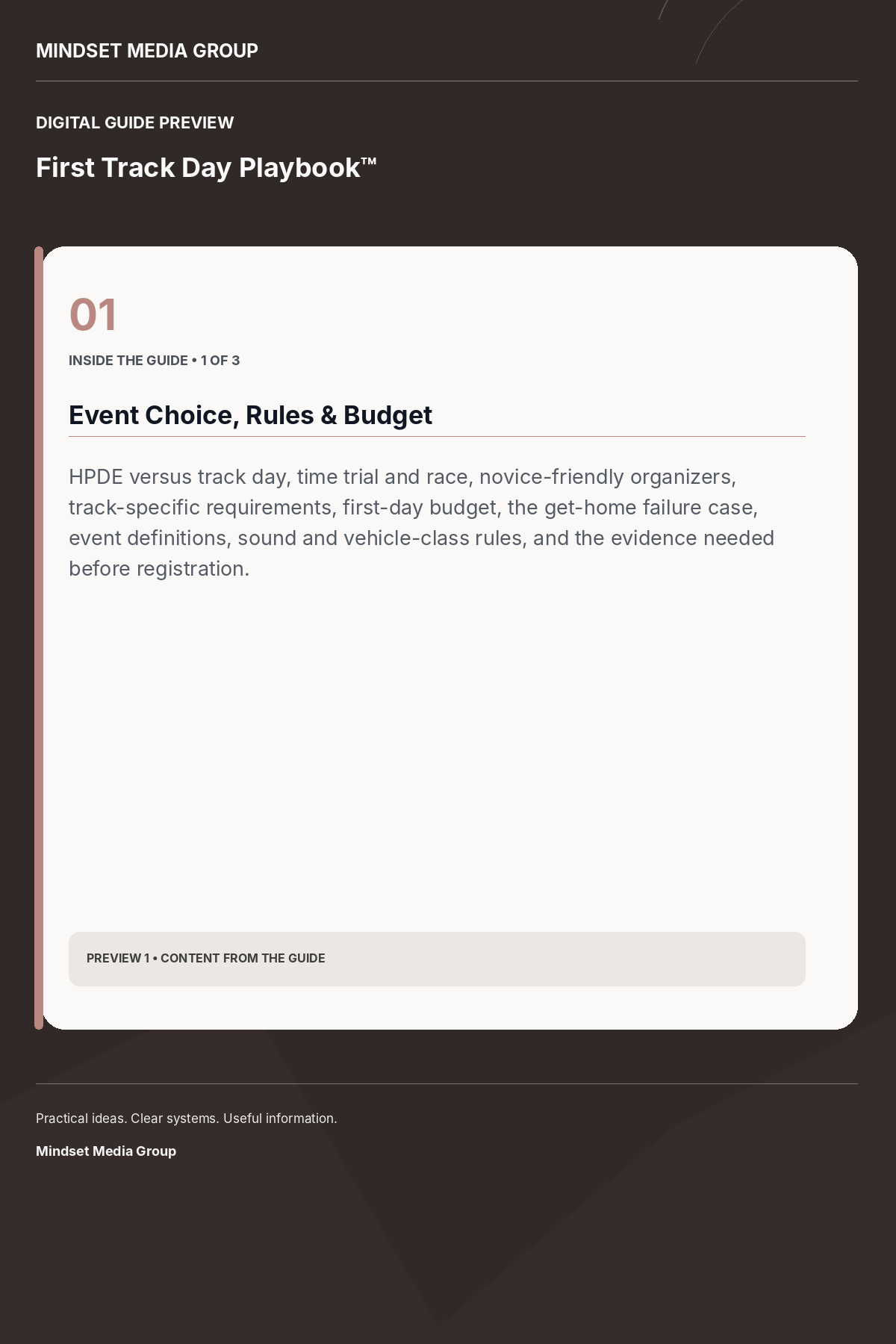 First Track Day Playbook™ — Preview 01 of 3 — content from the guide
