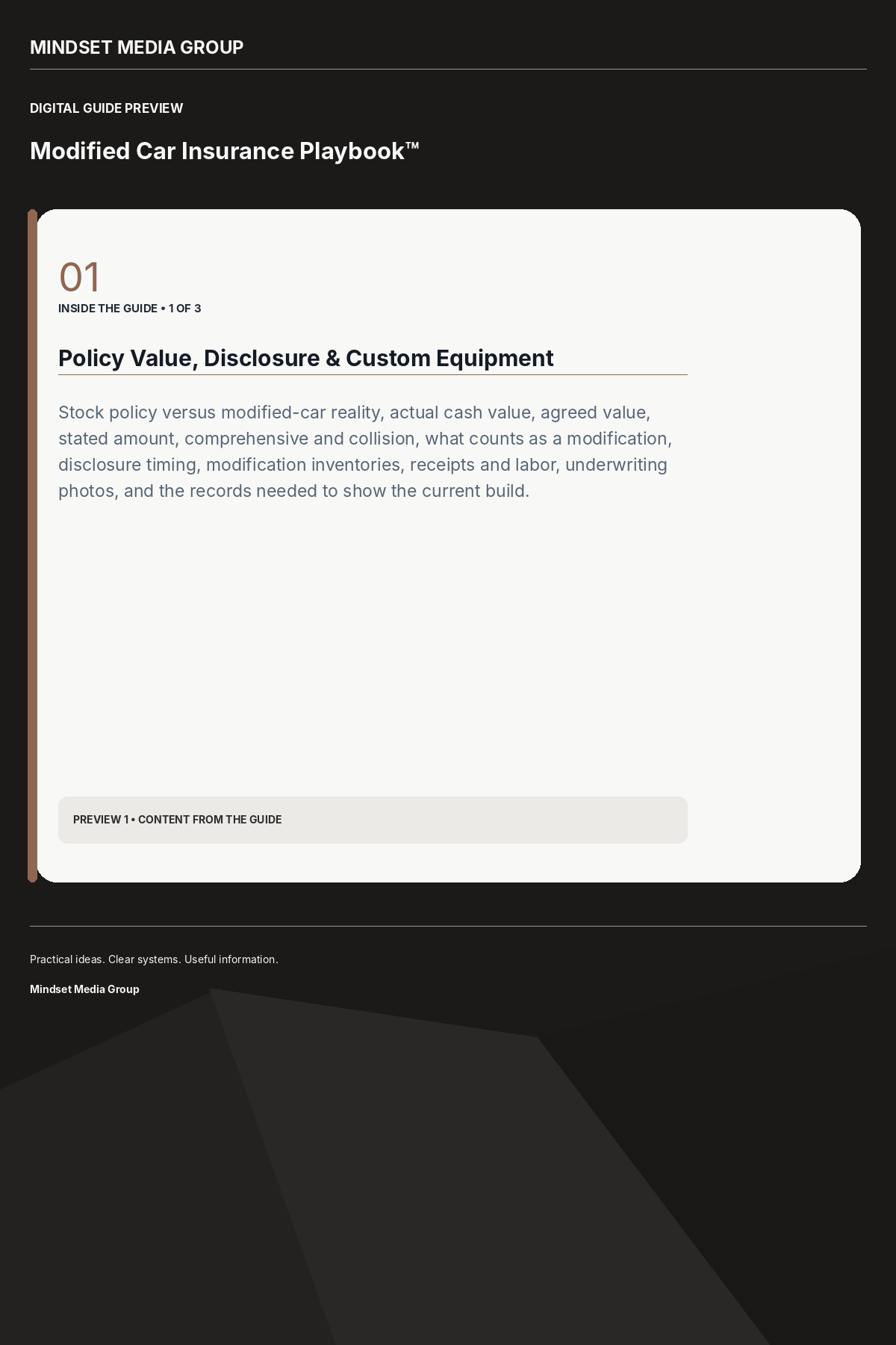 Modified Car Insurance Playbook™ — Preview 01 of 3 — content from the guide