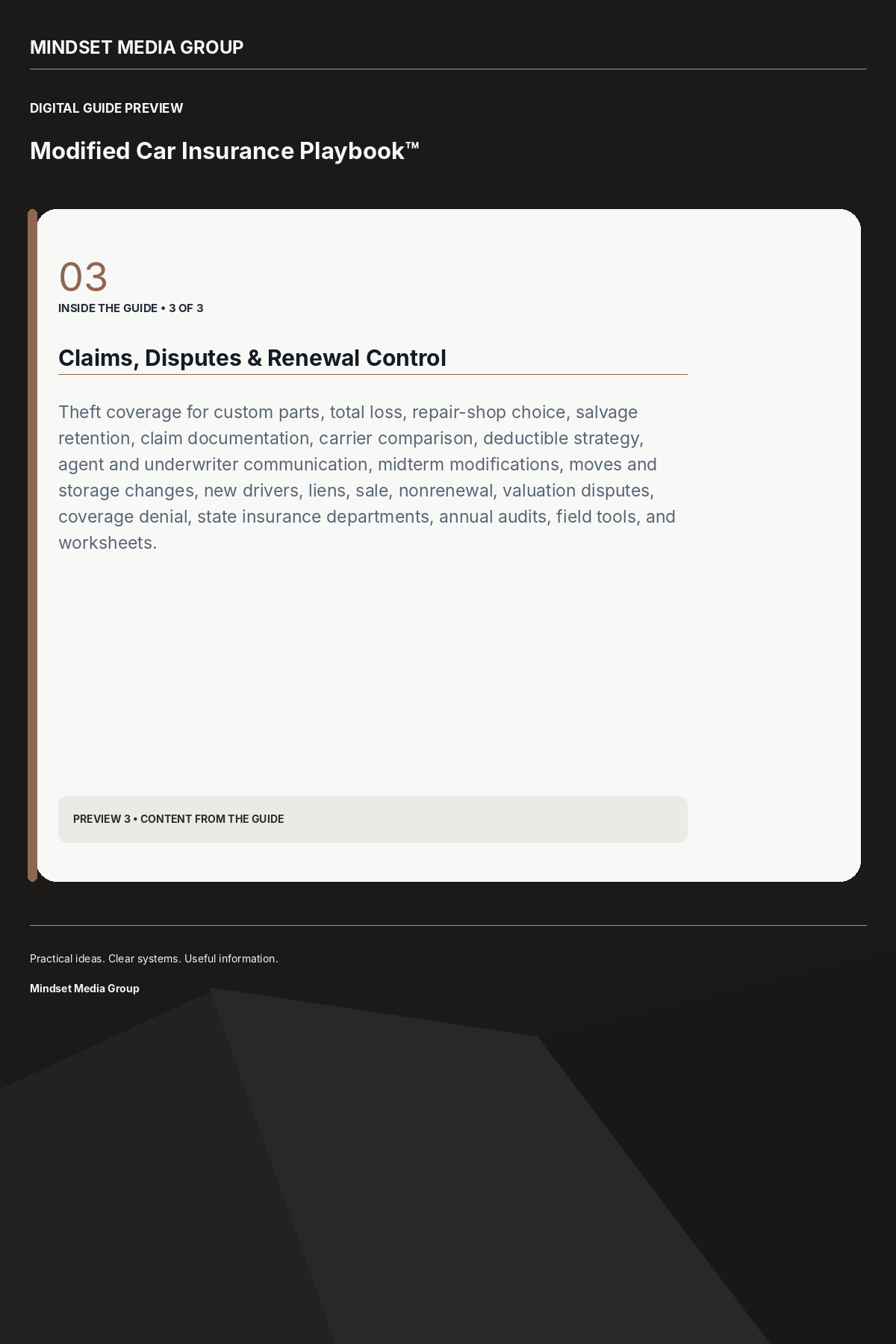 Modified Car Insurance Playbook™ — Preview 03 of 3 — content from the guide