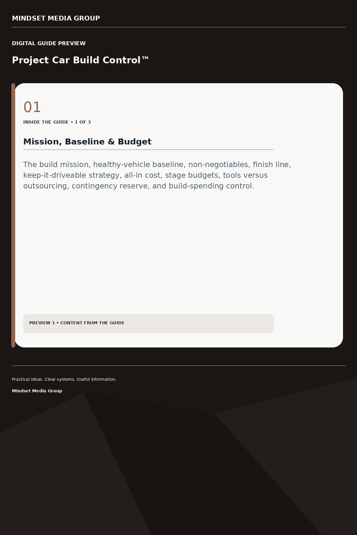 Project Car Build Control™ — Preview 01 of 3 — content from the guide
