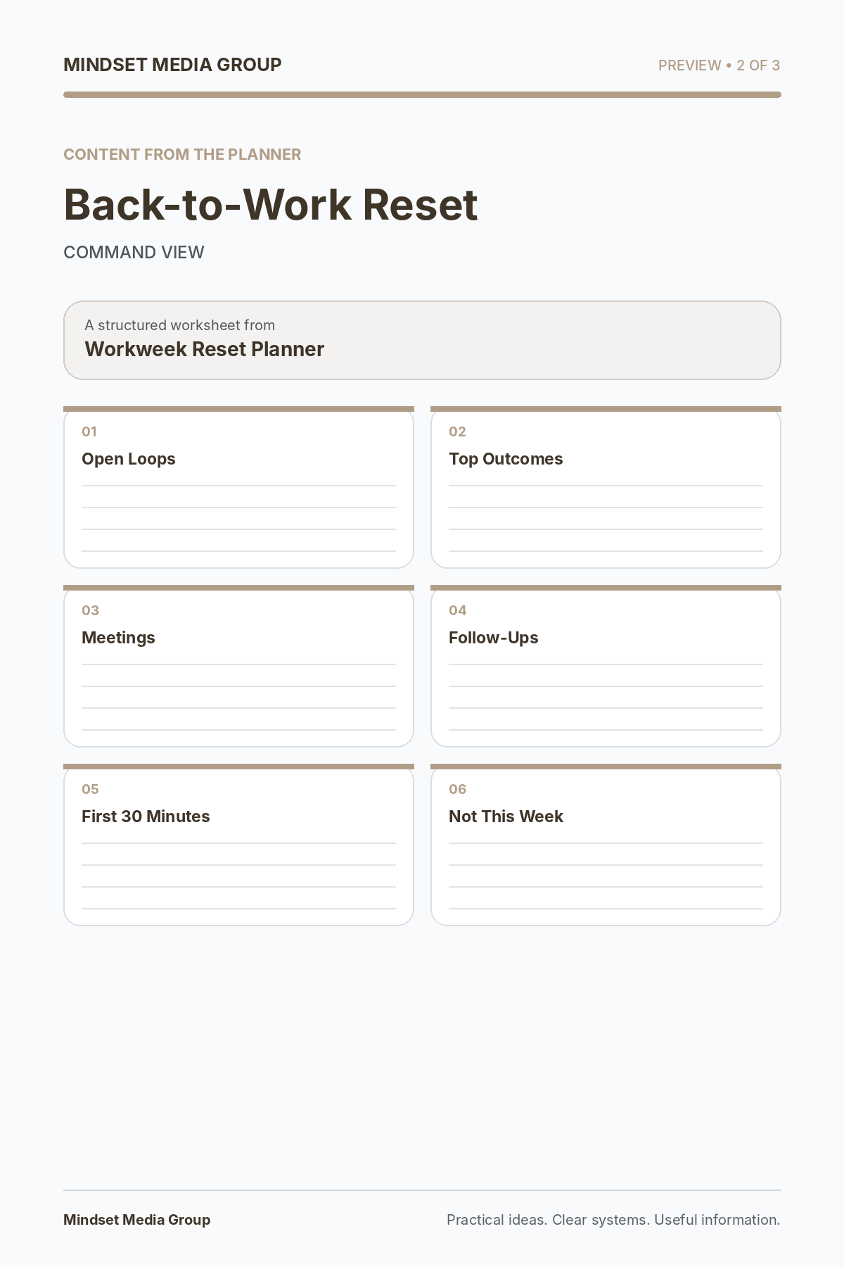 Workweek Reset Planner — Preview 02 of 3 — content from the guide